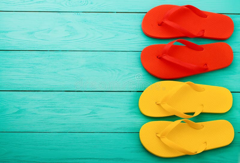 Download Flip Flops On Blue Wooden Background With Copy Space. Top ...
