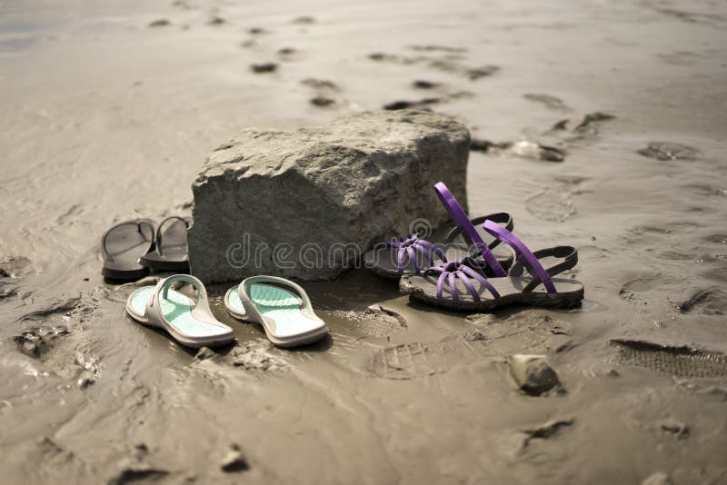 Flip Flops and Sandals on the Beach Stock Image - Image of sunlight