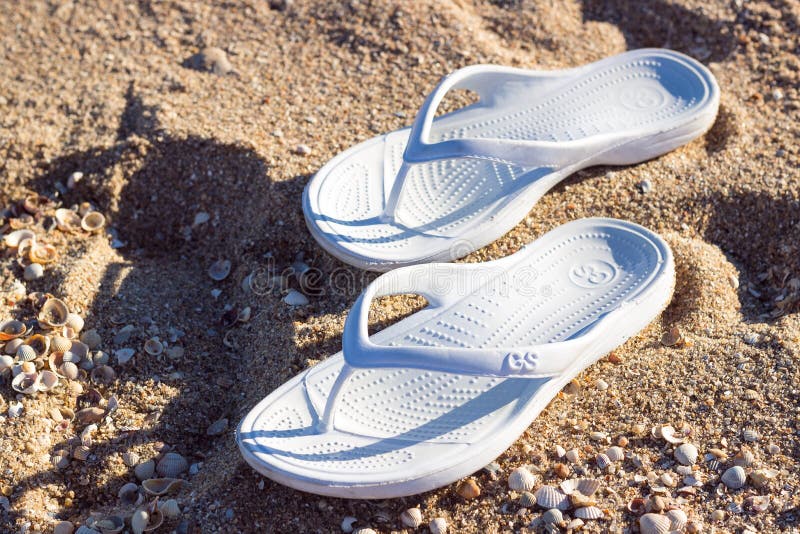 White Slippers on the Hot Sea, Beach Sand Stock Image Image of foot