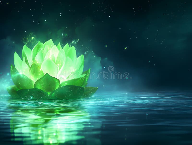 Floarea Lotus Green Night Fantasy Art Zen Blue Dark Image Light Scene vector illustration