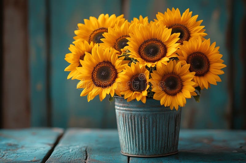 Floarea-soarelui strălucitoare într-o cutie rustică pe un fond teal din lemn royalty free stock image