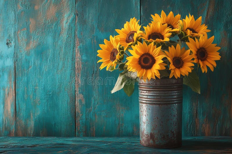 Floarea-soarelui strălucitoare într-o cutie rustică pe un fond teal din lemn stock photo
