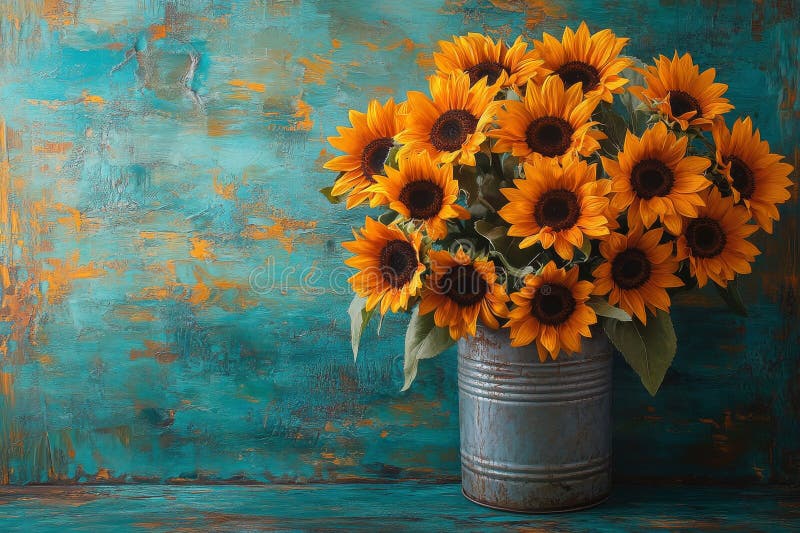 Floarea-soarelui strălucitoare într-o cutie rustică pe un fond teal din lemn stock photography