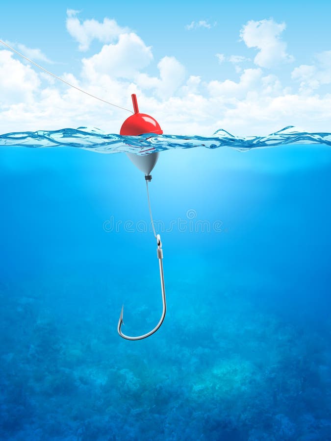 Float, Fishing Line and Hook Underwater Stock Vector