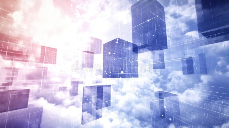 Floating Abstract Cubes Against Sky Backdrop, Network Theme stock photos
