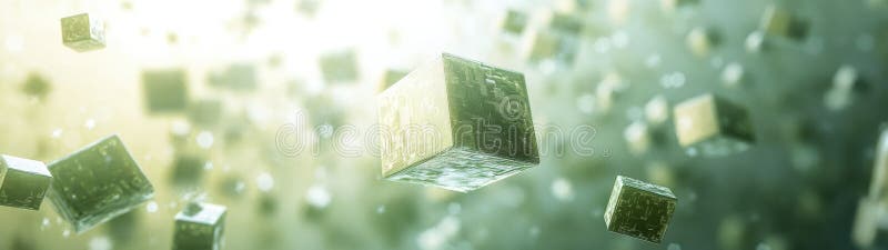 Floating Abstract Cubes with Light Effects and Depth in Green Space stock images