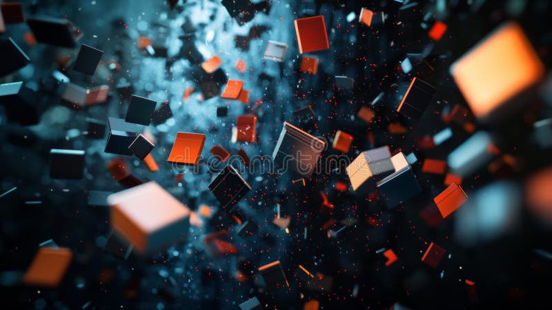 Floating abstract cubes with red and blue glowing particles stock photography