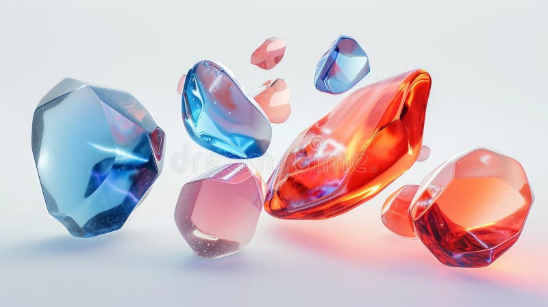 Floating abstract 3D glass shapes in blue and red hues stock photography