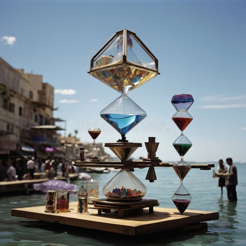 Floating Bazaar Selling Liquid Gravity with Piano Robots and CMYK Sky Bridges royalty free stock images