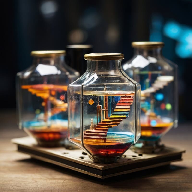 Floating Bazaar Selling Liquid Gravity with Piano Robots and CMYK Sky Bridges stock photos