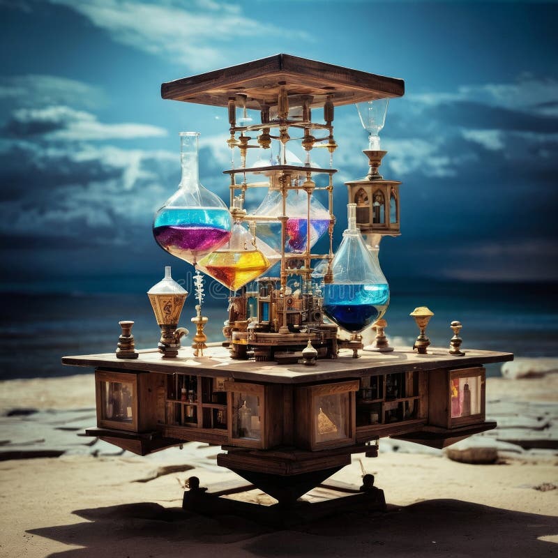 Floating Bazaar Selling Liquid Gravity with Piano Robots and CMYK Sky Bridges royalty free stock photos