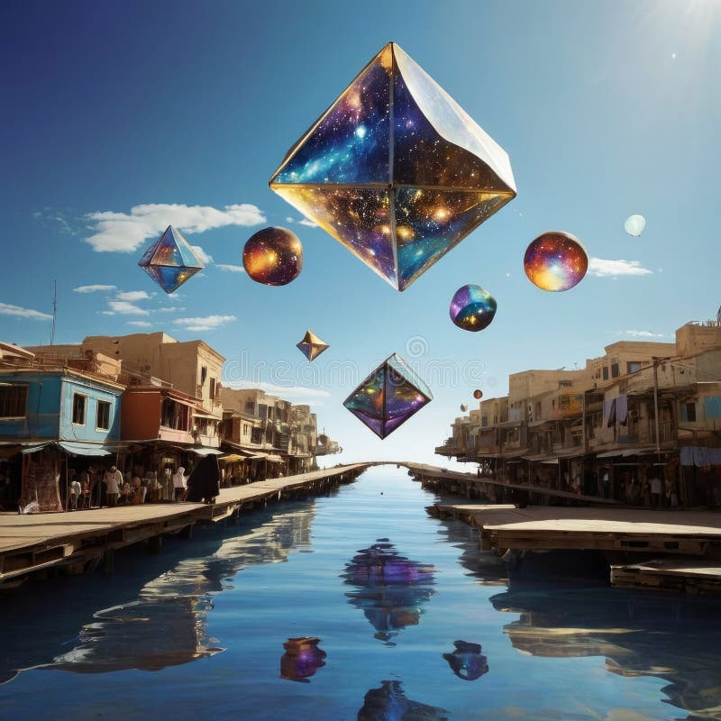 Floating Bazaar Selling Liquid Gravity with Piano Robots and CMYK Sky Bridges royalty free stock photos