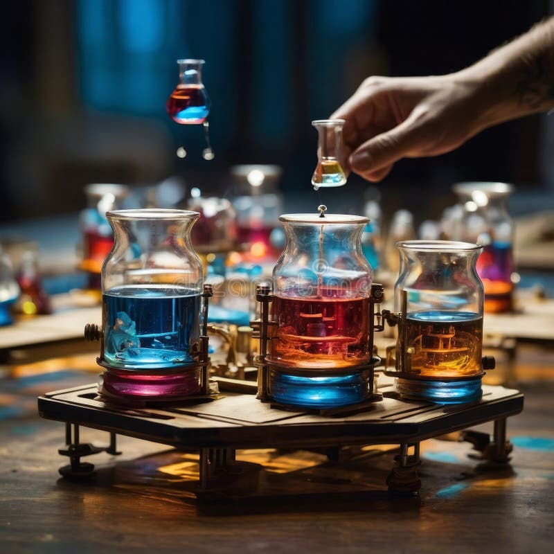 Floating Bazaar Selling Liquid Gravity with Piano Robots and CMYK Sky Bridges stock photo