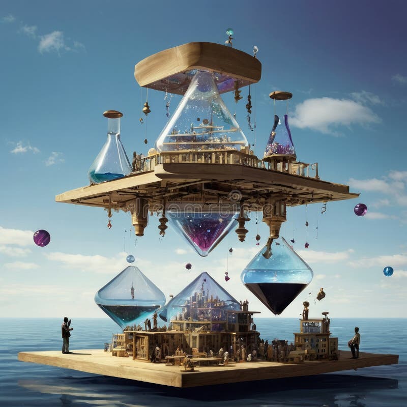 Floating Bazaar Selling Liquid Gravity with Piano Robots and CMYK Sky Bridges royalty free stock images