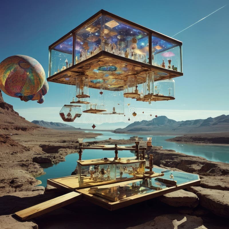 Floating Bazaar Selling Liquid Gravity with Piano Robots and CMYK Sky Bridges stock image