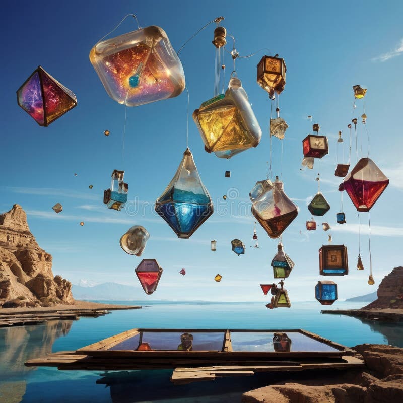 Floating Bazaar Selling Liquid Gravity with Piano Robots and CMYK Sky Bridges stock photography