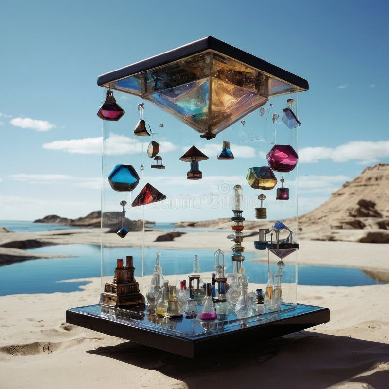 Floating Bazaar Selling Liquid Gravity with Piano Robots and CMYK Sky Bridges royalty free stock images