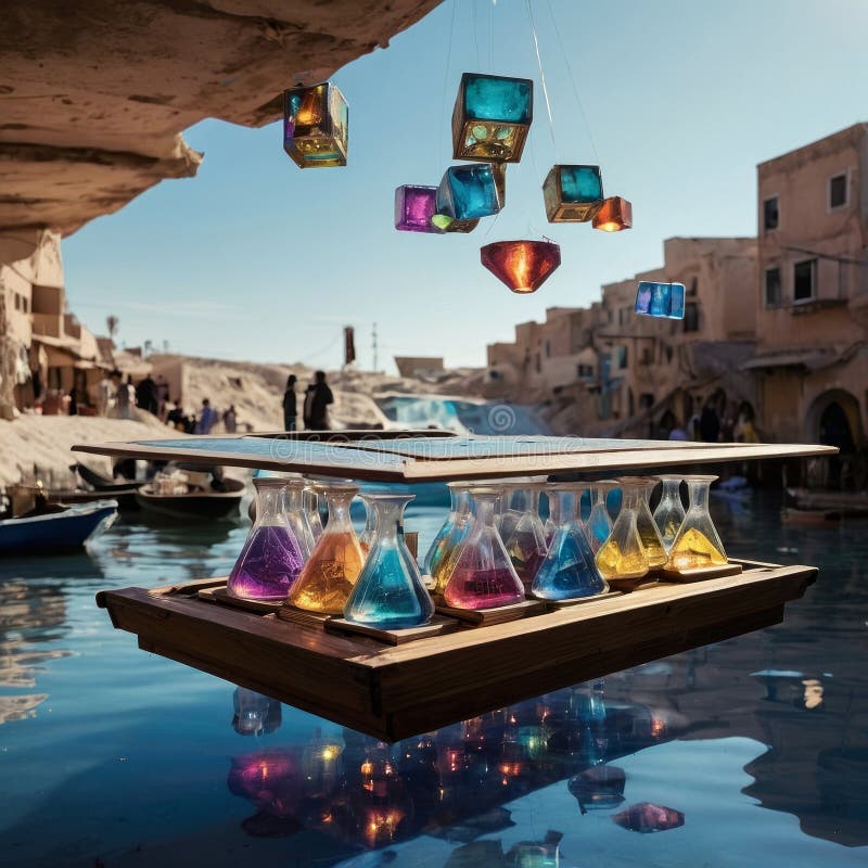 Floating Bazaar Selling Liquid Gravity with Piano Robots and CMYK Sky Bridges stock photo