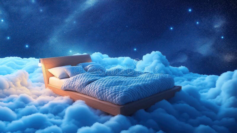 Floating Bed on Soft Clouds Under Starry Sky. Dreamy Sleep Scene ...