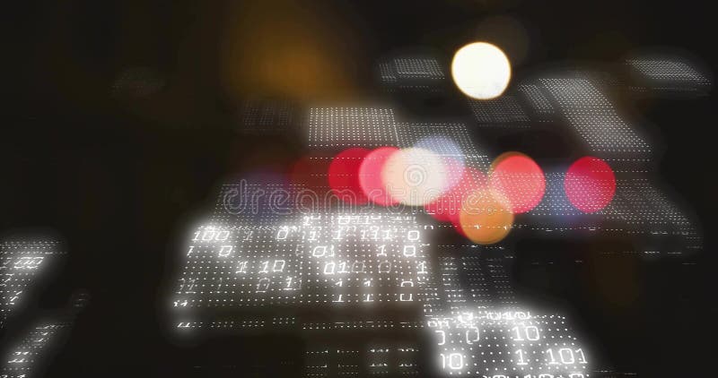 Floating binary code panels illuminating dark cyberspace, with red orange white bokeh circles vector illustration