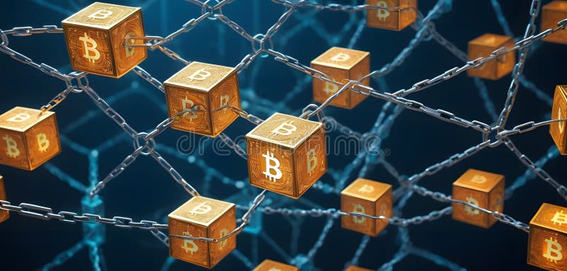 Floating Bitcoin Blocks on Chain AI Generative stock photography