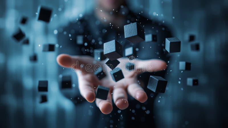 Floating Black Cubes with Outstretched Hand in Blue Light stock image