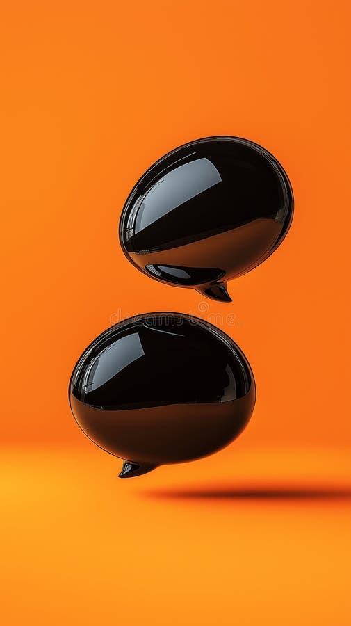Floating black speech bubbles on vibrant orange background stock photos