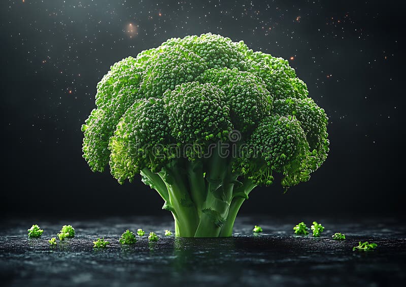 Floating broccoli against starry night sky backdrop. vector illustration