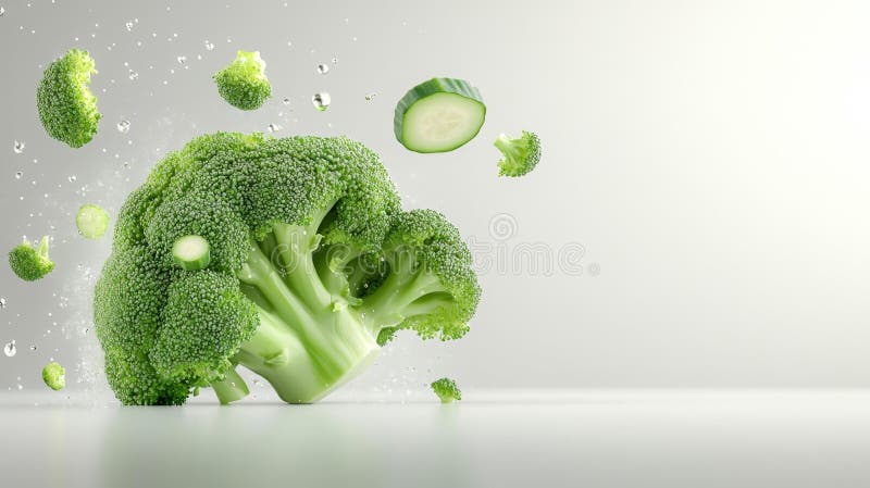 Floating Broccoli and Cucumber Slices with Water Droplets. Generative AI royalty free illustration