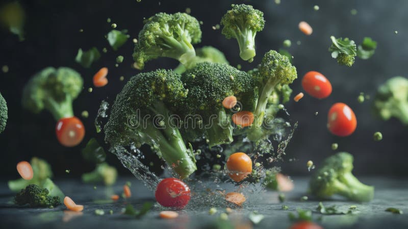 Floating Broccoli Tomatoes and Carrots Dark Background royalty free illustration