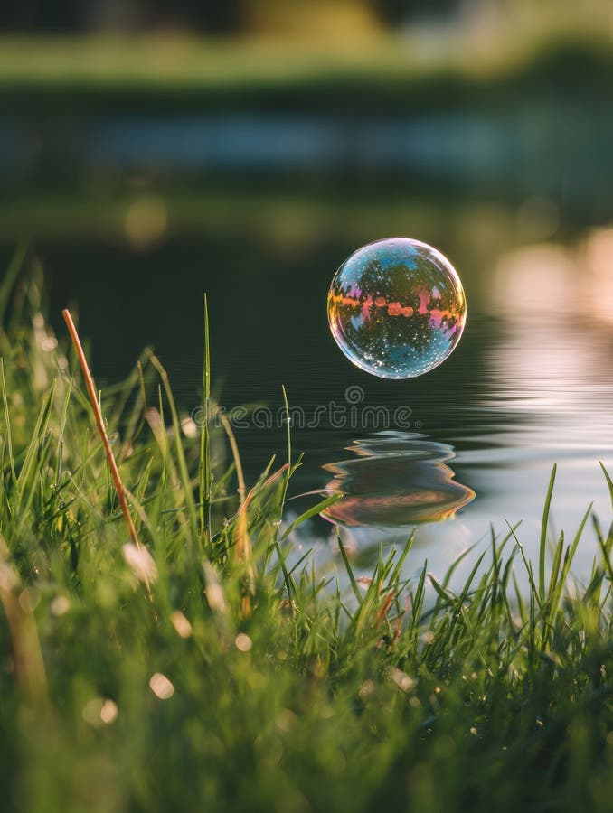 Floating Bubble Hovering Over Green Grass Reflecting Nature and Sunlight During a Warm Afternoon Generative AI stock images