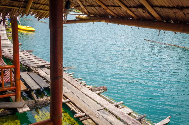 Floating Bungalow in Cheow Lan Lake, Khao Sok, Thailand Stock Photo