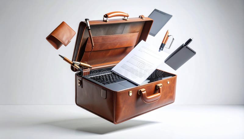 Floating Business Briefcase with Office Essentials vector illustration