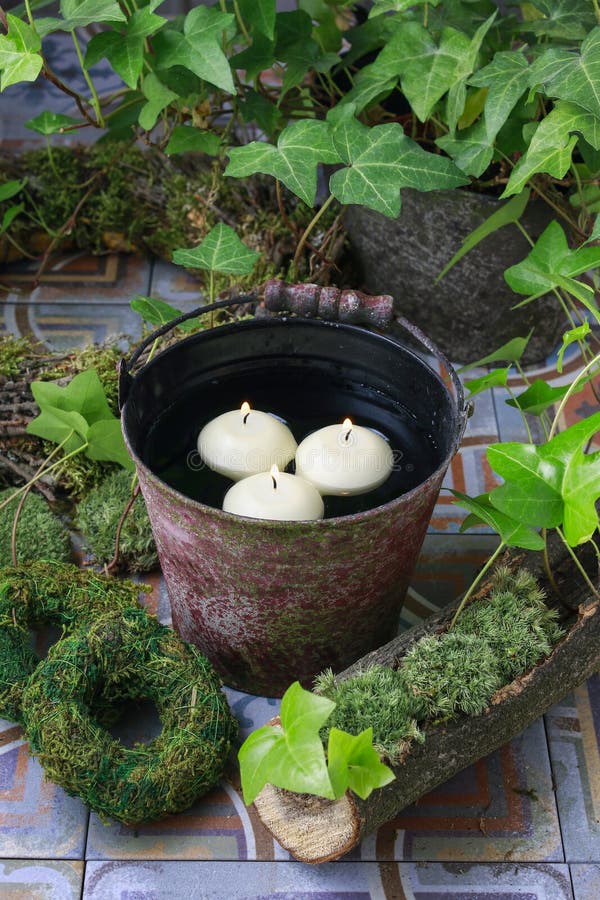 Floating Candles in Crystal Bowl. Garden Decoration Stock Image Image