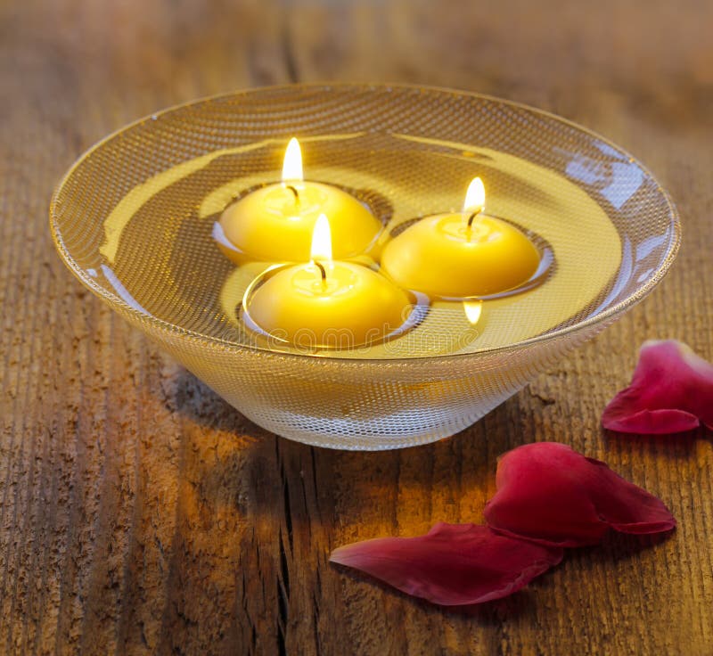 Candles Burning in Wood Vessel in a Holistic Spa Stock Image Image of
