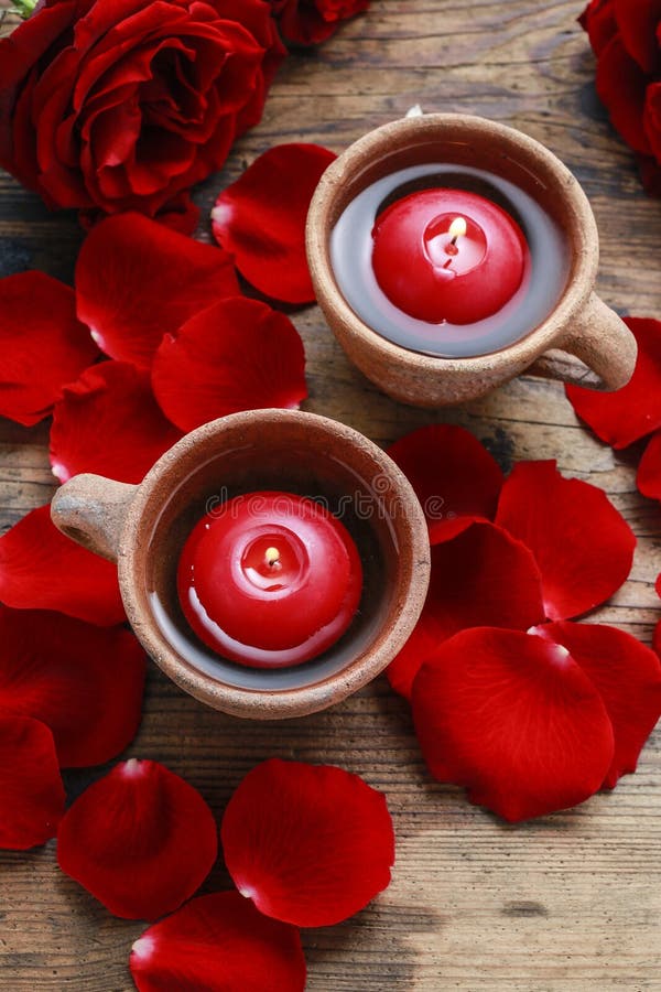 Floating Candles in Water among Rose Petals Stock Image Image of