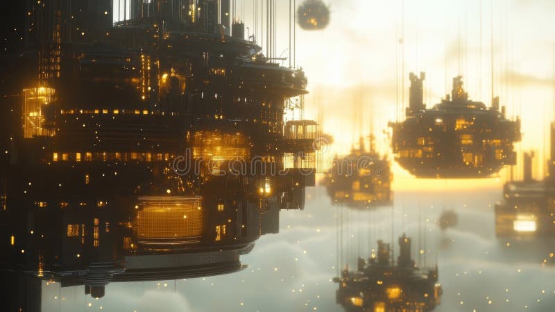 A floating cityscape with light beams connecting elevated structures showcasing the rise of aspirational communities stock photography