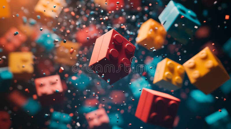 Floating Colorful Plastic Bricks In 3D Abstract Surreal Space stock illustration