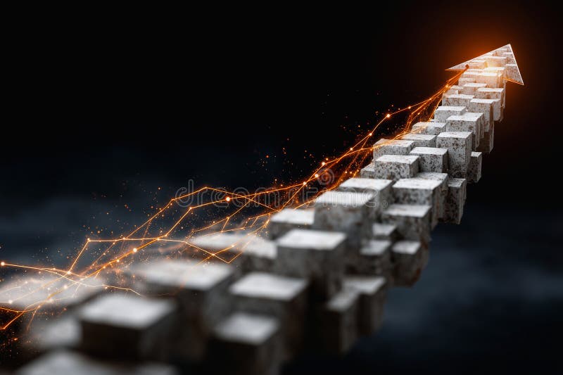 Floating cubes and glowing lines create upward arrow for growth