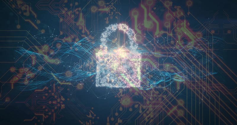 Floating digital padlock icon glowing over network grid, with waveform streams and orange traces royalty free illustration