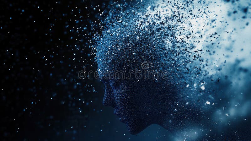 Futuristic digital particles create a human silhouette symbolizing AI driven politics in a dark blue and silver stock image
