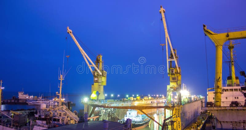 Ship Repair in Floating Dock, Tugboats Assist, Welders Work on Vessels ...
