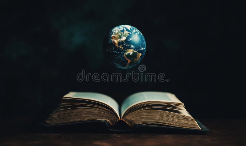 Floating Earth above Open Book Symbolizing Knowledge and Global Awareness royalty free stock image