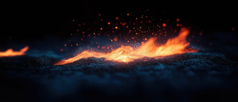 Floating fire particles and glowing embers on a dark background create a mesmerizing effect stock photography