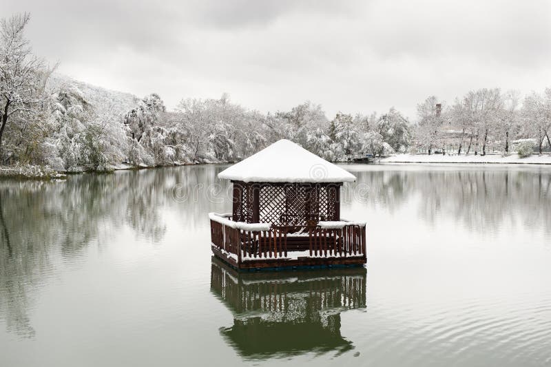 Floating Gazebo in the Lake in the Winter Stock Photo Image of storm
