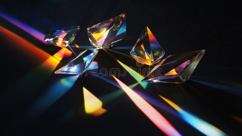 Floating glass prisms scatter rainbow light, casting vibrant beams of color across a matte black stock photo