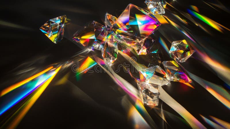 Floating glass prisms scatter rainbow light, casting vibrant beams of color across a matte black stock image