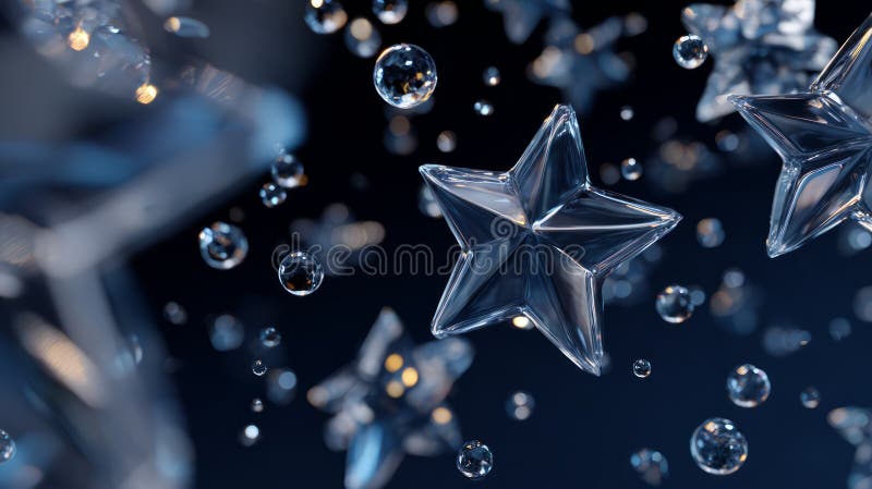Floating Glass Stars and Water Droplets on Dark Background stock images