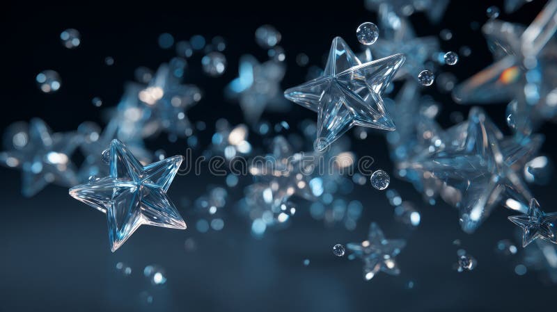 Floating Glass Stars and Water Droplets on Dark Background royalty free stock images