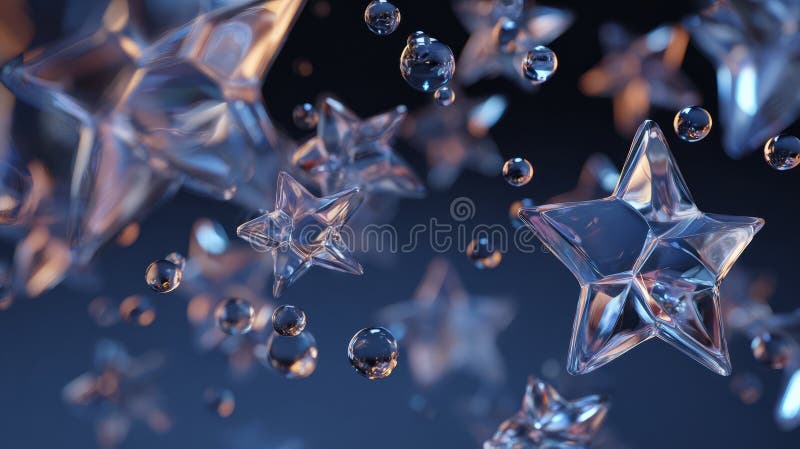 Floating Glass Stars and Water Droplets on Dark Background stock photo